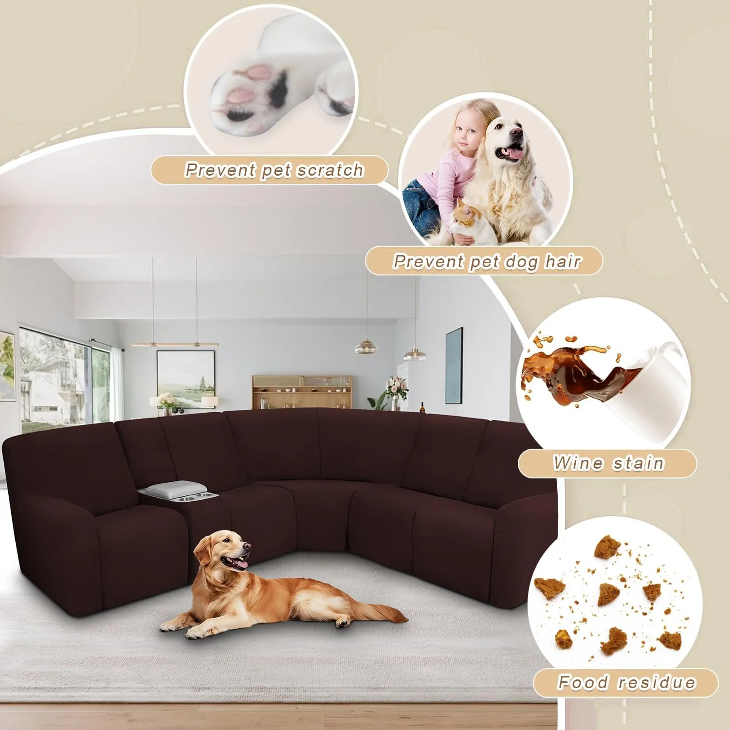 ALIECOM Waterproof Reclining Sectional Couch Covers for Reclining Sectional Stretch L Shaped Recliner Sofa Cover Washable Pet Dog Corner Sofa Slipcovers Protector (5 Seat and 1 Console, Dark Brown)