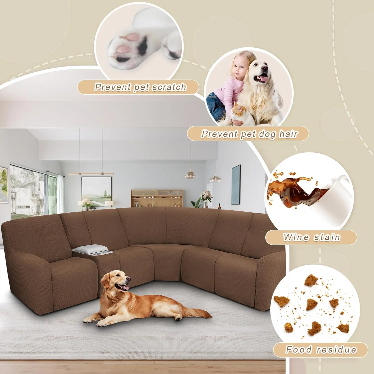 ALIECOM Waterproof Reclining Sectional Couch Covers for Reclining Sectional Stretch L Shaped Recliner Sofa Cover Washable Pet Dog Corner Sofa Slipcovers Protector (5 Seat and 1 Console, Light Brown)