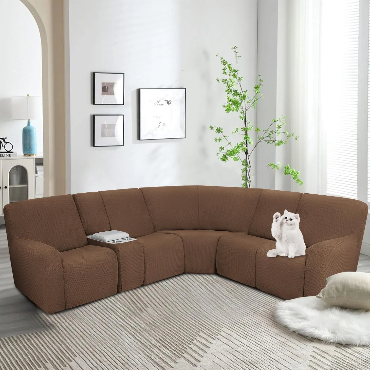 ALIECOM Waterproof Reclining Sectional Couch Covers for Reclining Sectional Stretch L Shaped Recliner Sofa Cover Washable Pet Dog Corner Sofa Slipcovers Protector (5 Seat and 1 Console, Light Brown)