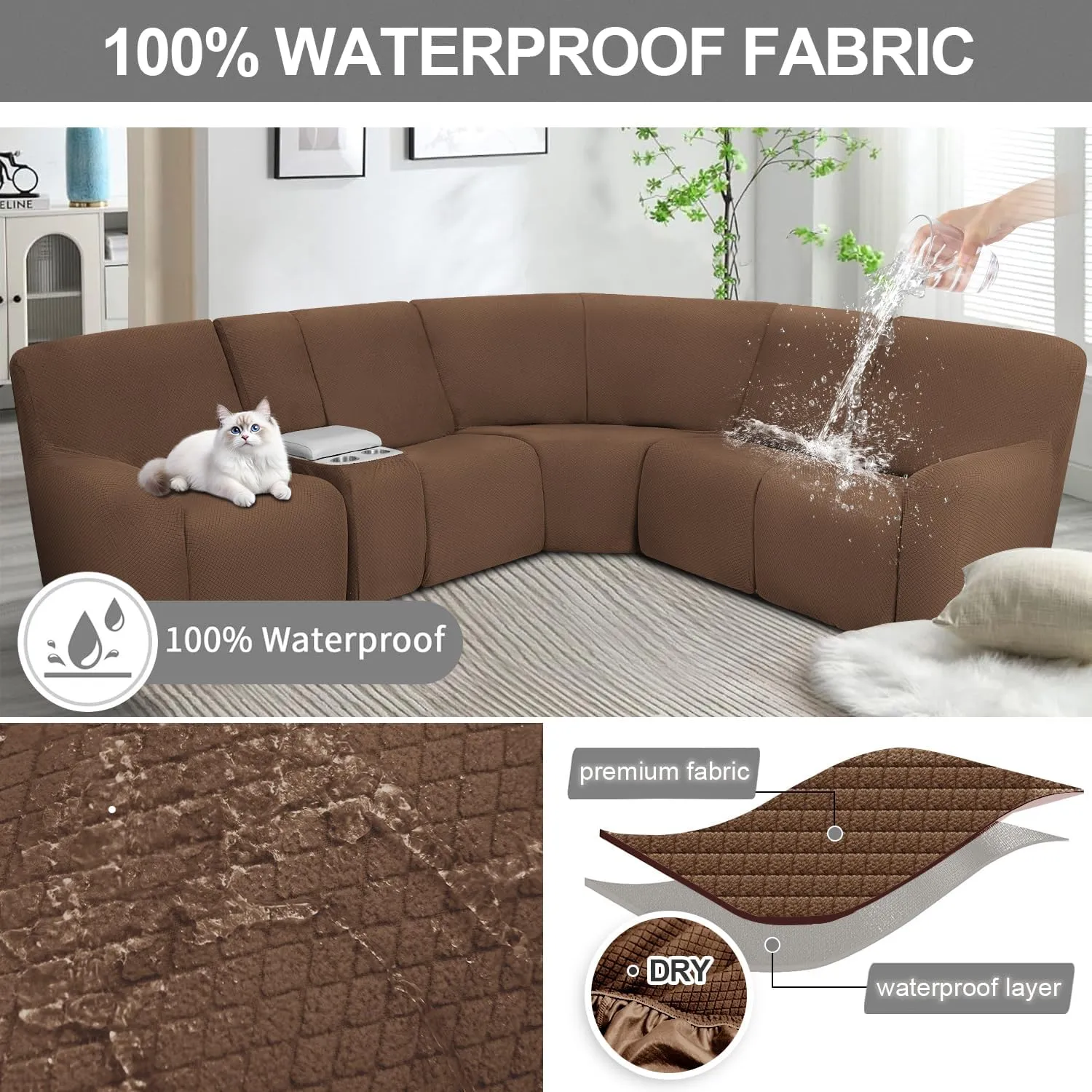 ALIECOM Waterproof Reclining Sectional Couch Covers for Reclining Sectional Stretch L Shaped Recliner Sofa Cover Washable Pet Dog Corner Sofa Slipcovers Protector (5 Seat and 1 Console, Light Brown)