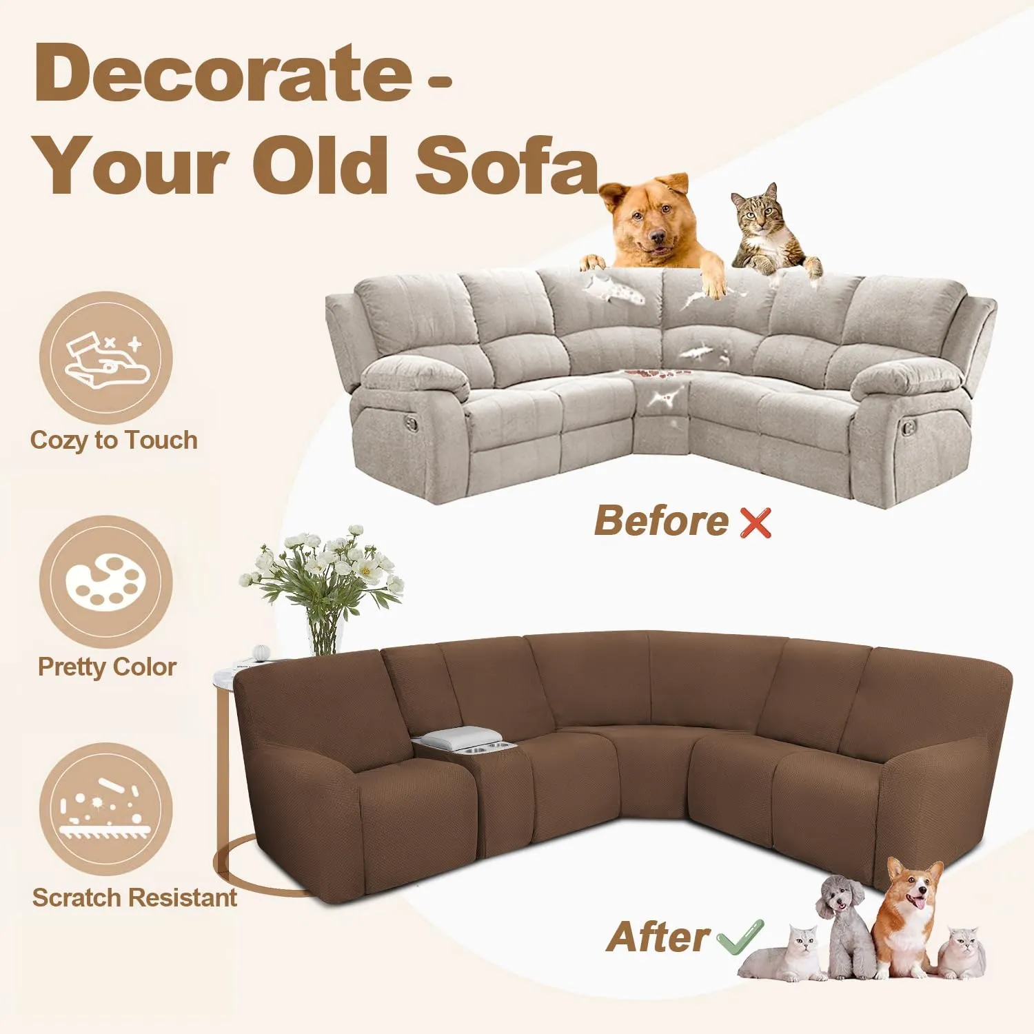 ALIECOM Waterproof Reclining Sectional Couch Covers for Reclining Sectional Stretch L Shaped Recliner Sofa Cover Washable Pet Dog Corner Sofa Slipcovers Protector (5 Seat and 1 Console, Light Brown)