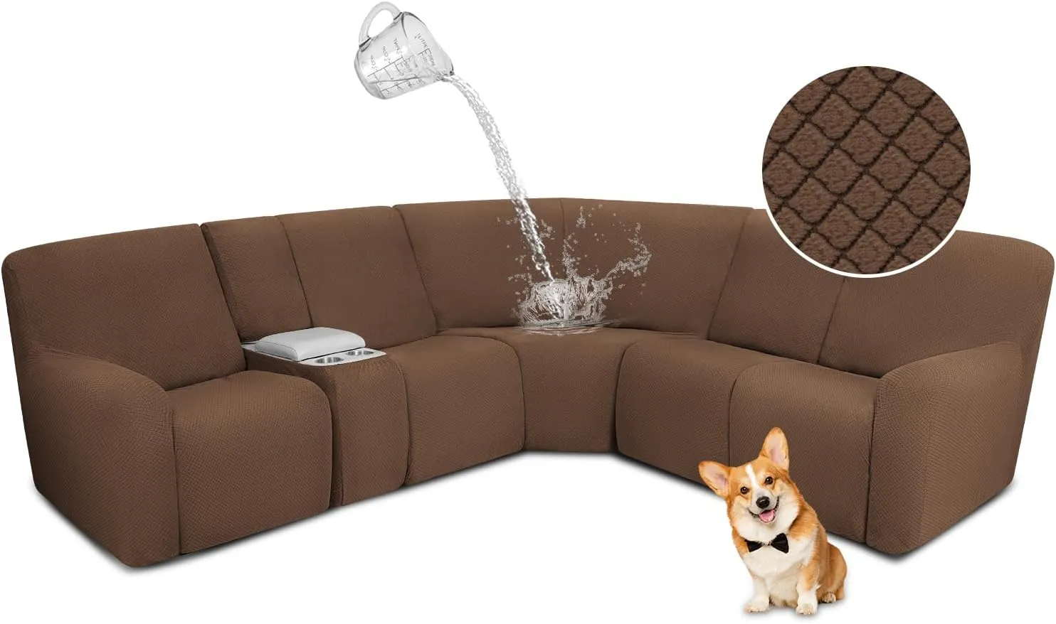 ALIECOM Waterproof Reclining Sectional Couch Covers for Reclining Sectional Stretch L Shaped Recliner Sofa Cover Washable Pet Dog Corner Sofa Slipcovers Protector (5 Seat and 1 Console, Light Brown)