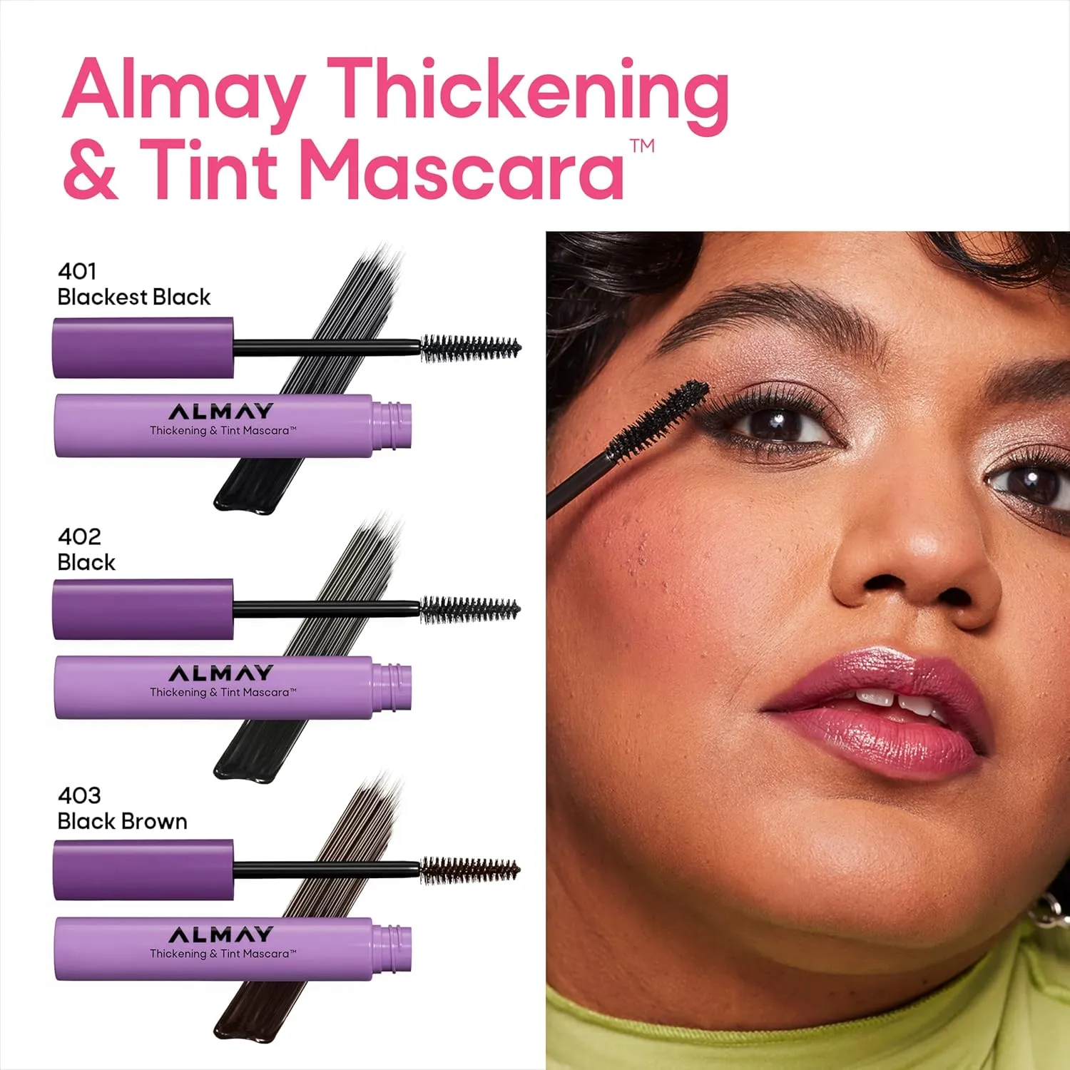 Almay Thickening & Tint Mascara, Instant Soft Full Volume, Conditions & Darkens Natural Lashes Over Time, No Flaking or Clumping, 402 Black, 2 count