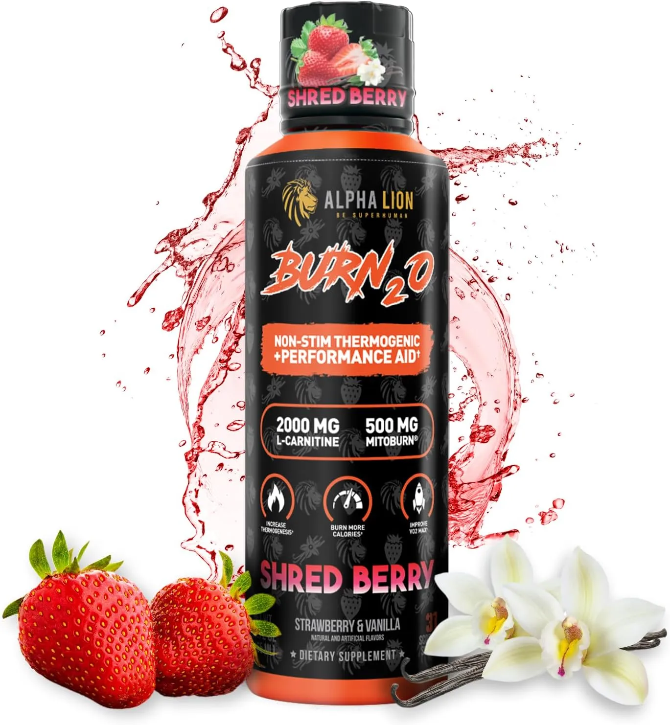 ALPHA LION Burn 20 L-Carnitine Liquid 2000mg, Premium Liquid Fat Burner & Pre-Workout Supplement for Men & Women - Natural Energy & Metabolism Booster for Weight Loss - ShredBerry