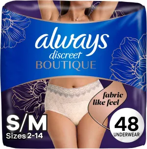 Always Discreet Boutique Incontinence and Postpartum Underwear for Women, Maximum Protection, S/M, Rosy, 12 Count x 4 Packs (48 Count Total) (Packaging May Vary)