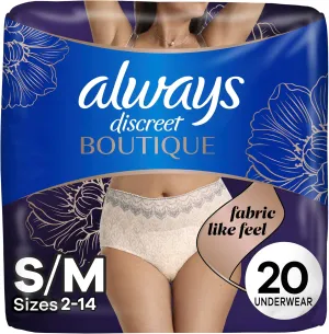 Always Discreet Boutique Incontinence and Postpartum Underwear for Women, Maximum Protection, S/M, Rosy, 20 Count (Packaging May Vary)