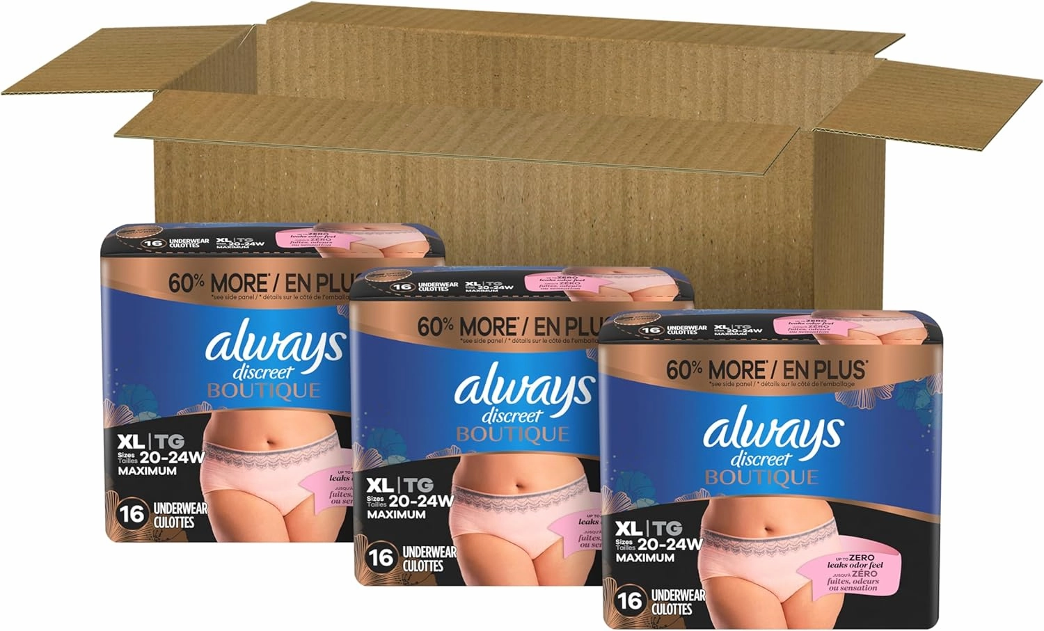 Always Discreet Boutique Adult Incontinence and Postpartum Underwear for Women, Maximum Protection, XL, Rosy, 48 Count (Packaging May Vary)
