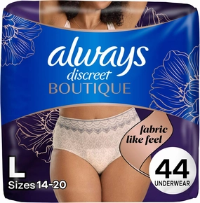 Always Discreet Boutique Incontinence and Postpartum Underwear for Women, Maximum Protection, L, Rosy, 22 Count x 2 Packs (44 Count Total) (Packaging May Vary)