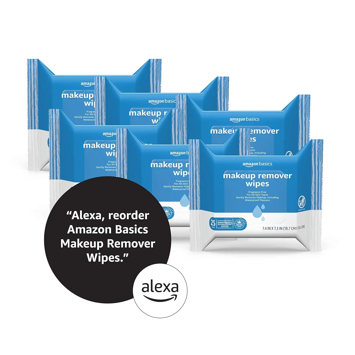 Amazon Basics Make Up Remover Wipes, Fragrance Free, 25 Count, Pack of 6 (Previously Solimo)
