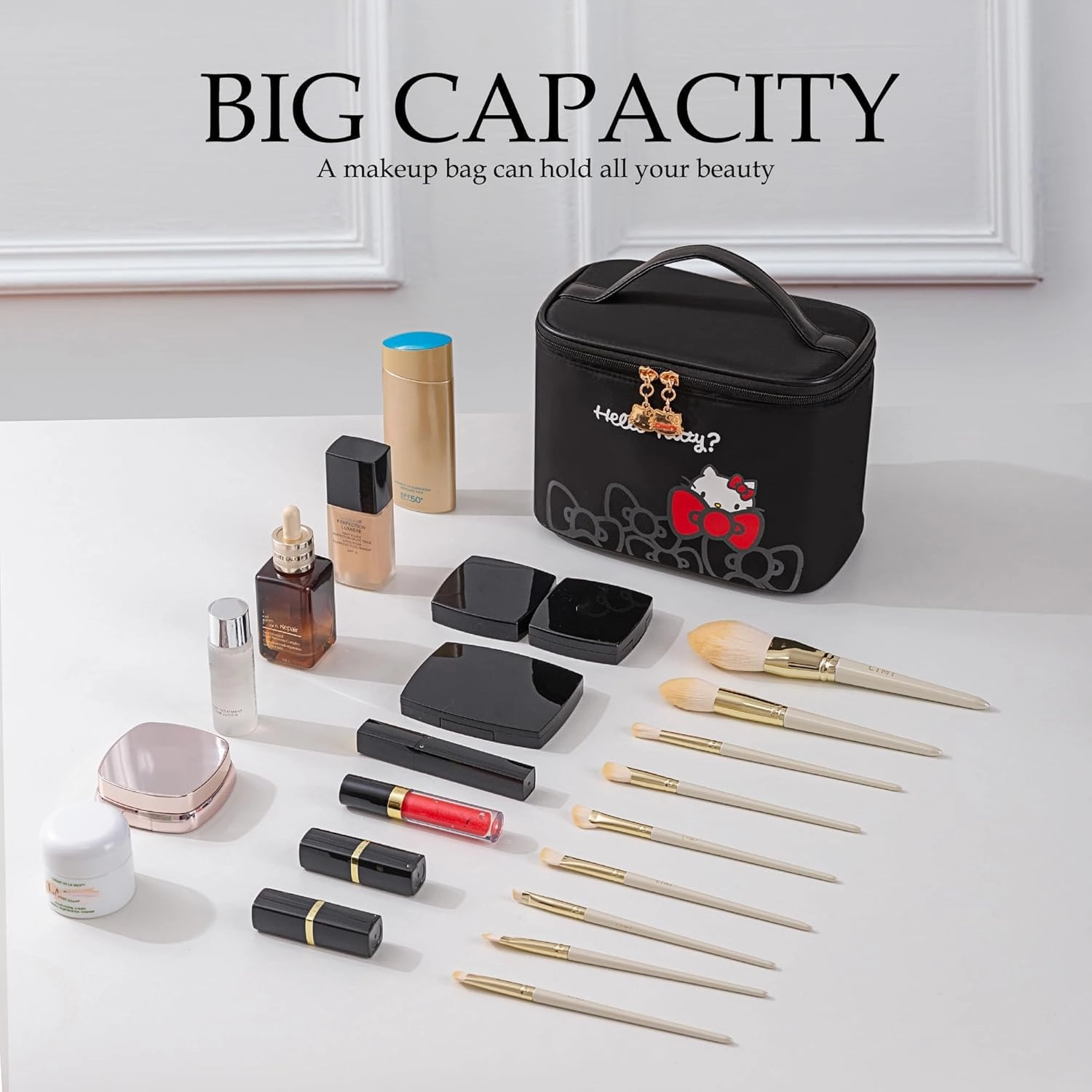 AmBealla Travel Makeup Bag Large Cosmetic Bags with Brush Holder,Black Waterproof 2PCS Portable Cosmetic Case for Women, Toiletry Storage Bag for Skincare & Beauty Tools for Girls