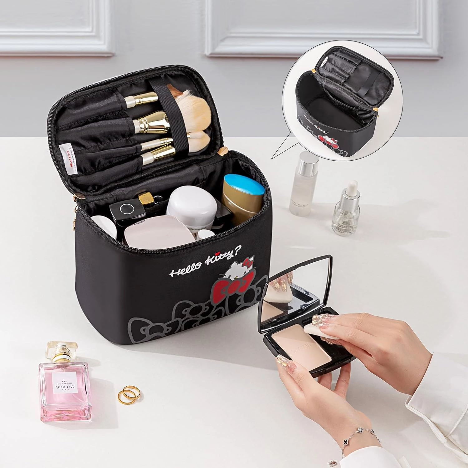 AmBealla Travel Makeup Bag Large Cosmetic Bags with Brush Holder,Black Waterproof 2PCS Portable Cosmetic Case for Women, Toiletry Storage Bag for Skincare & Beauty Tools for Girls