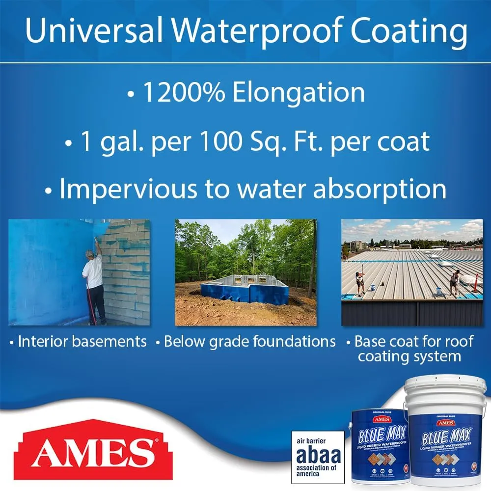 Ames Research Laboratories BMX5RG Blue MAX Waterproofer, Regular Use in Interior & Below-Grade Exterior Concrete Sealer and More. Liquid Rubber, 5 Gallon (Pack of 1), 640 Fl Oz