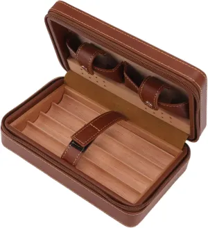 ANGGREK Leather Cigar Case Cedar Wood Lining Portable Brown Manual Sewing Cigar Case with Storage Bag for Travel