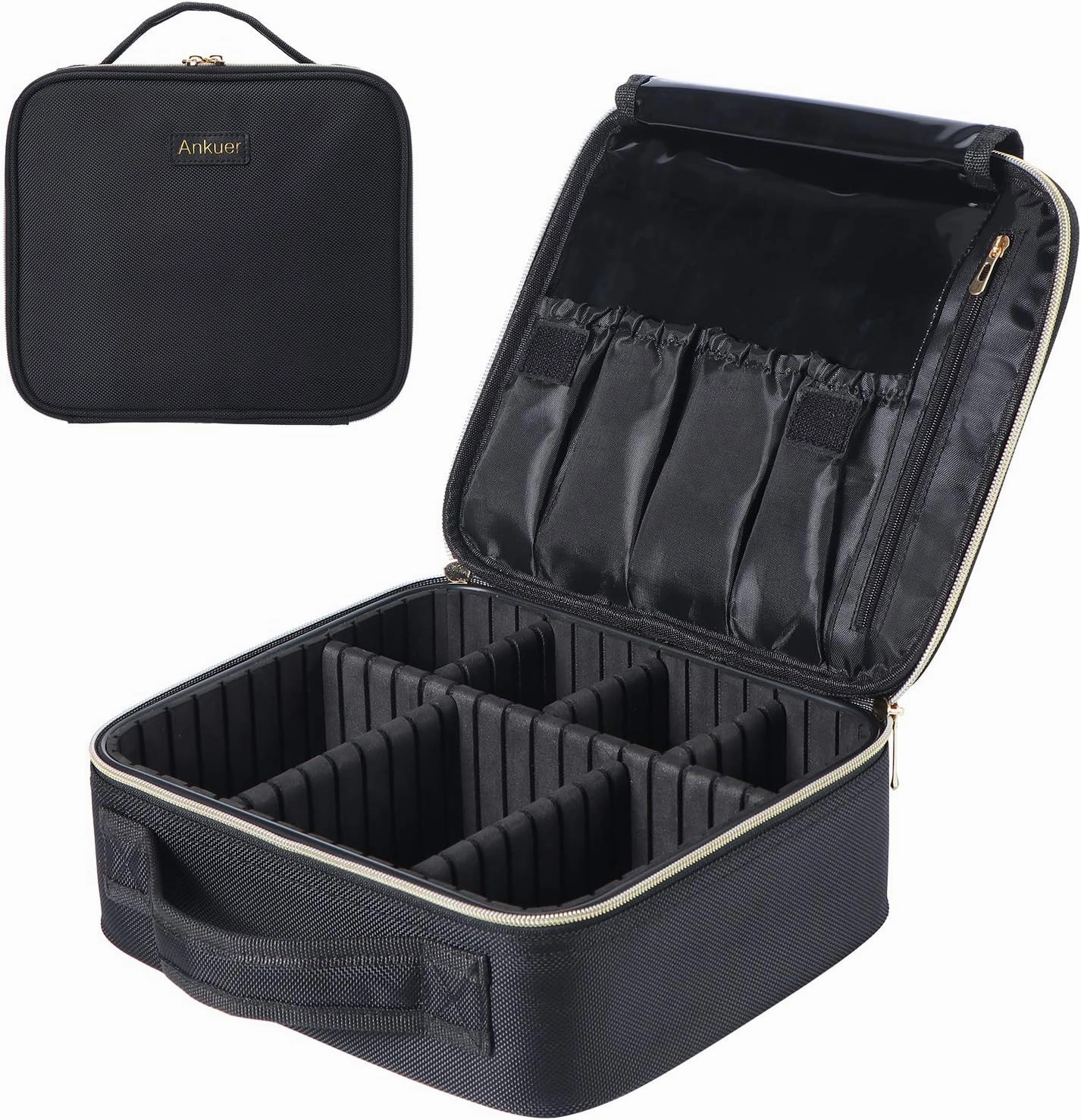 ANKUER Travel Makeup Case: Large Cosmetic Bag with Brush Organizer Portable Makeup Bag for Women and Girls Cosmetic Case with Adjustable Dividers (Black)