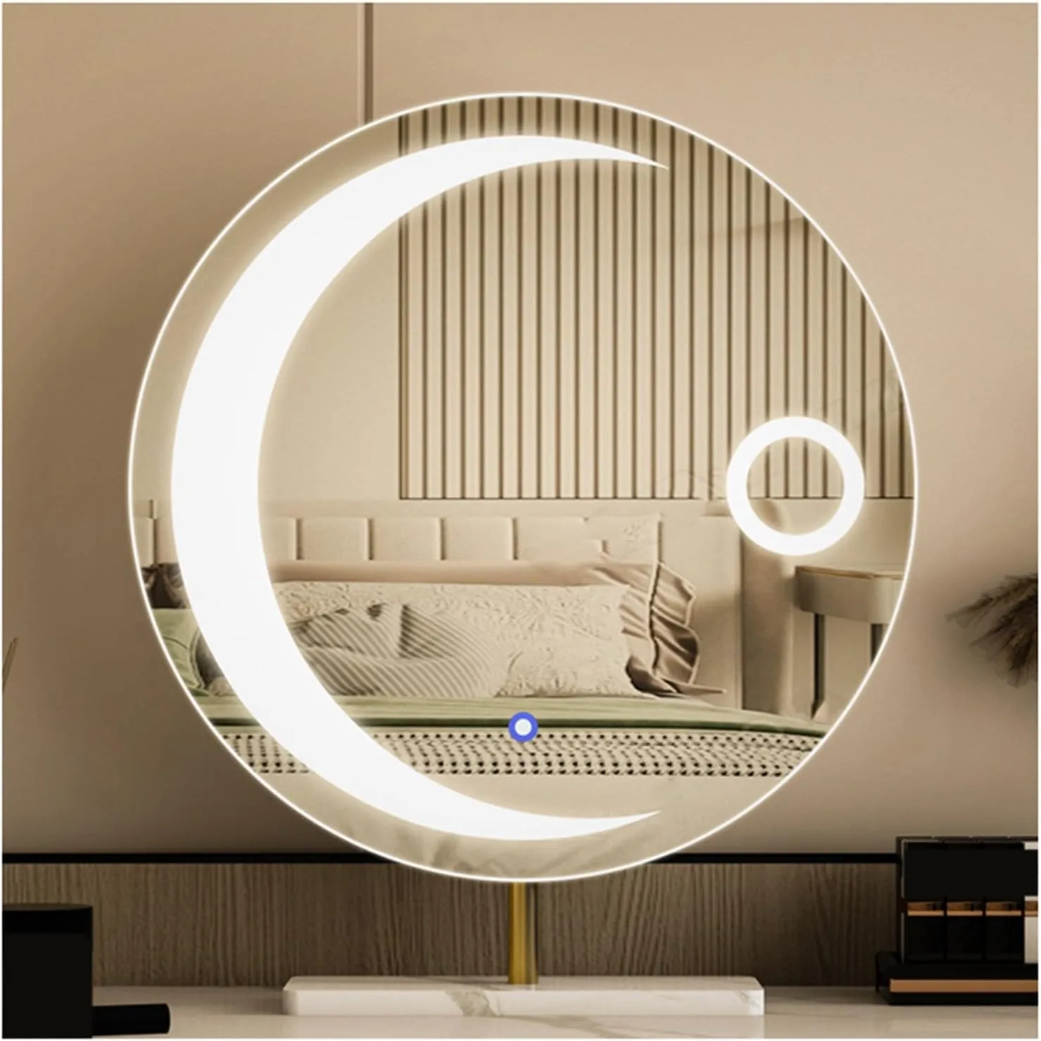 APLUSH Vanity Mirror with Lights, Round Moon Desk Mirror, 3 Colors Dimable, Smart Touch Makeup Mirror, Metal Frame, Birthday Gifts(B - Gold,40 * 50cm/15.7 * 19.7in)