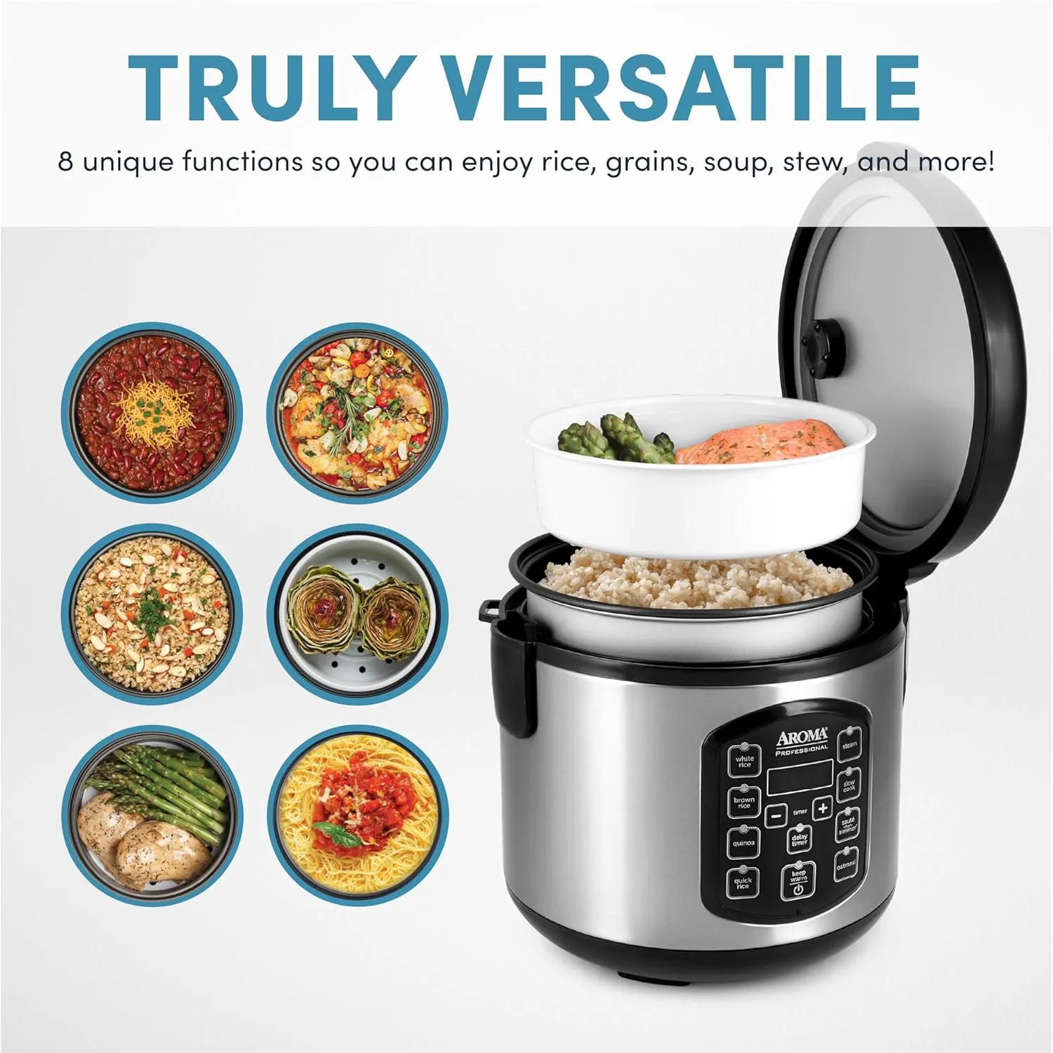 AROMA Professional Digital Rice Cooker, Multicooker, 4-Cup (Uncooked) / 8-Cup (Cooked), Steamer, Slow Cooker, Oatmeal Cooker, STS, Auto Keep Warm, 2 Qt, Stainless Steel Exterior, ARC-954SBD