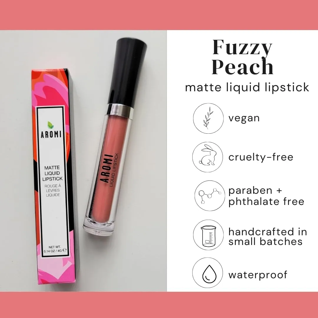 Aromi Peach Matte Liquid Lipstick | Peachy Nude Lip Color, Pink Caramel, Vegan, Cruelty-free, Long-Lasting, Handmade (Fuzzy Peach)