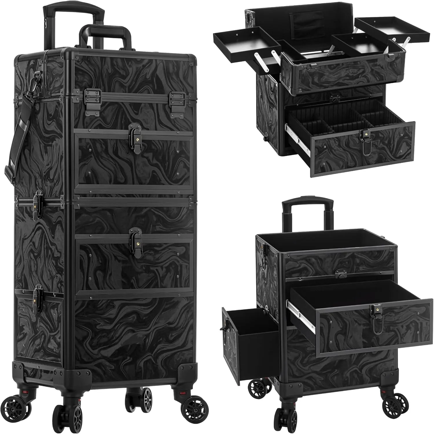AROUS 5 in 1 Rolling Makeup Case with Drawers, Multi-functional Cosmetic Trolley with Wheels and Keys, Large Storage Traveling Cart Trunk for Nail Technicians, Makeup Artist and Hairstylist, Black