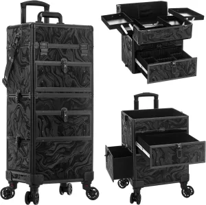 AROUS 5 in 1 Rolling Makeup Case with Drawers, Multi-functional Cosmetic Trolley with Wheels and Keys, Large Storage Traveling Cart Trunk for Nail Technicians, Makeup Artist and Hairstylist, Black