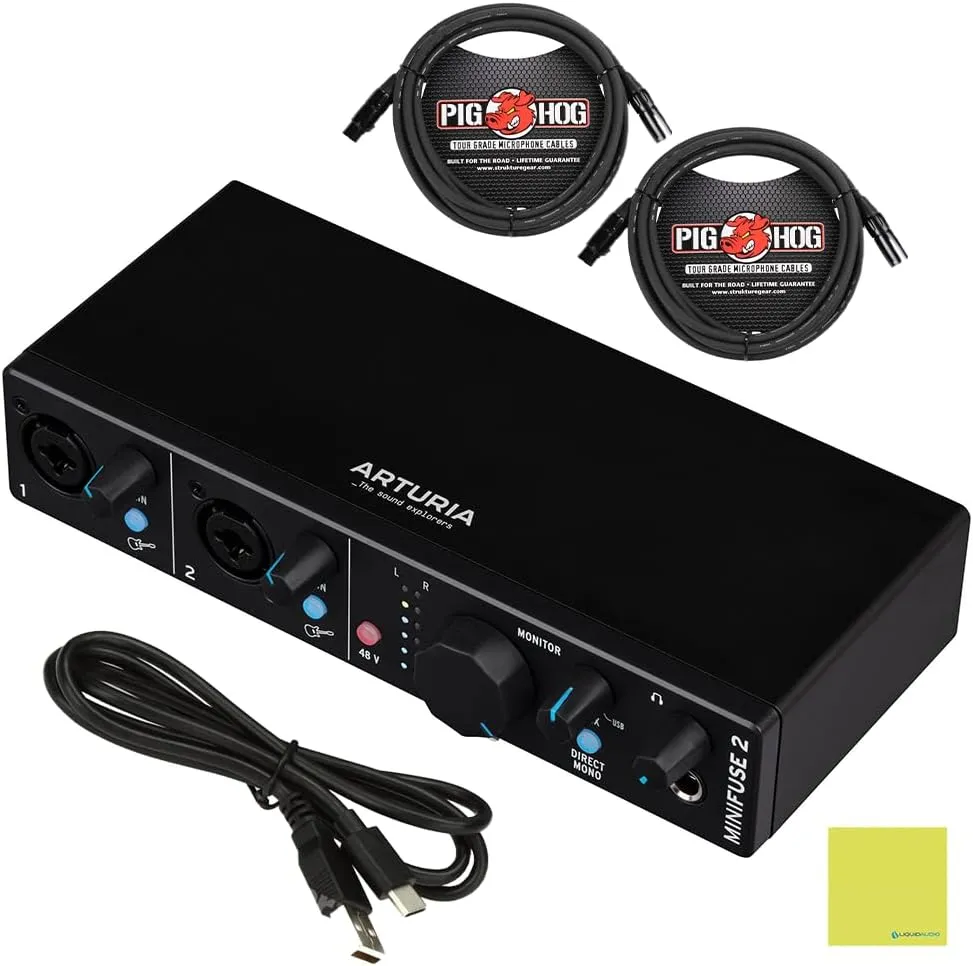 Arturia MiniFuse 2 Flexible Dual USB-C Audio Interface, Black w/ 2-Pack Pig Hog PHM10 8mm XLR Microphone Cable and Liquid Audio Polishing Cloth