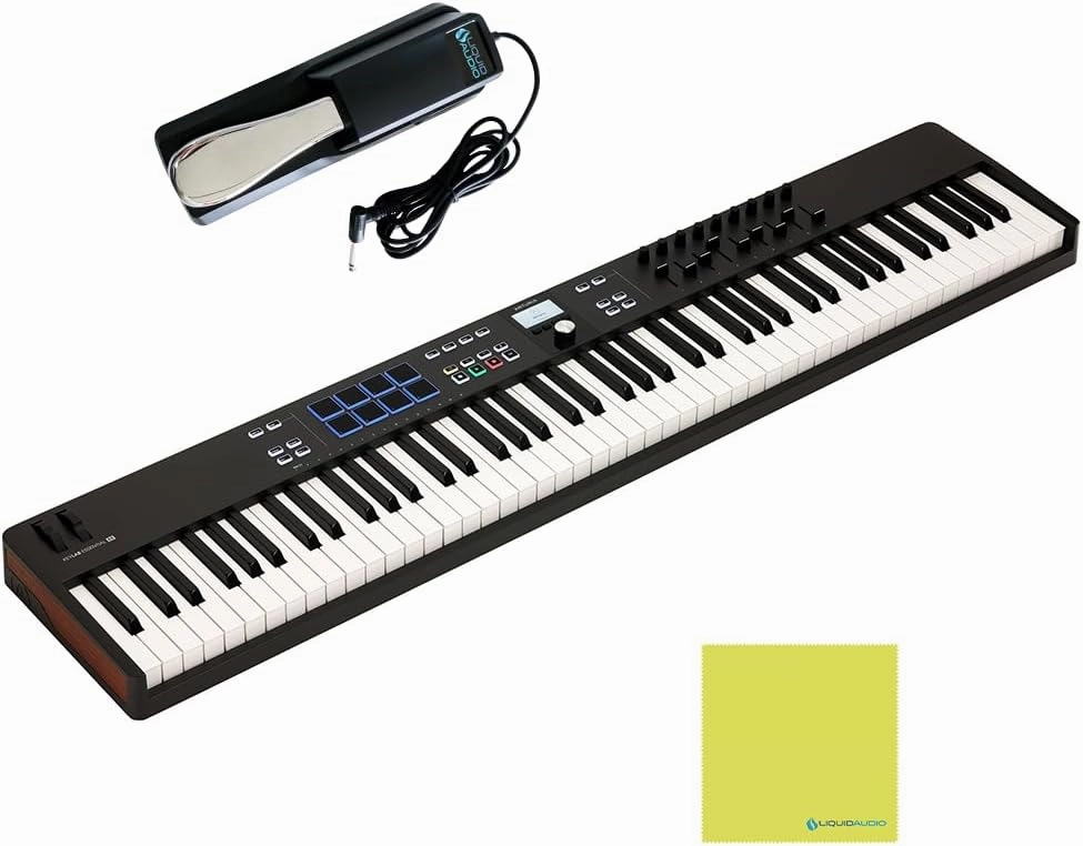 Arturia KeyLab Essential 88 mk3 Full-size Universal Midi Controller, Black Bundle w/Deluxe Sustain Pedal & Liquid Audio Polishing Cloth