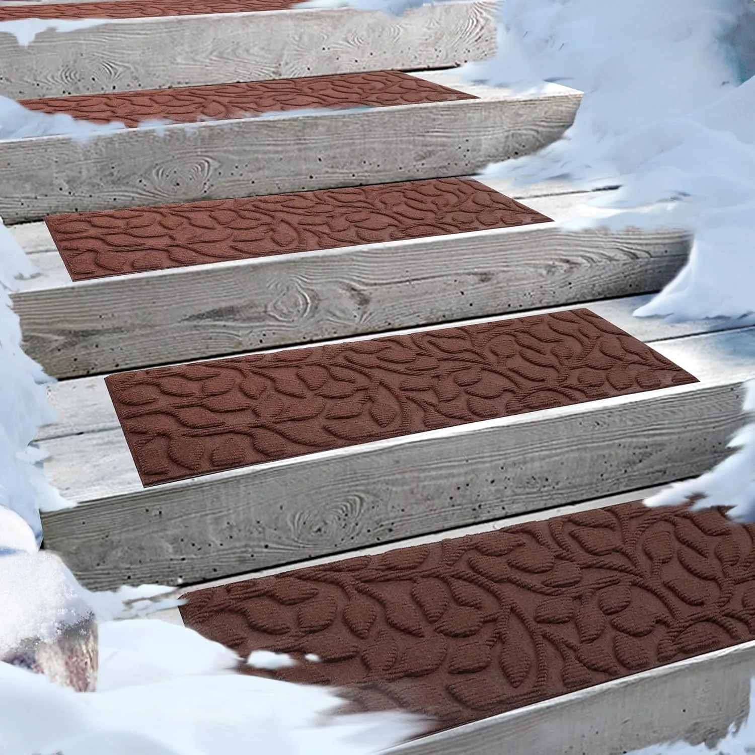 Aucuda 2pcs 8.5" x 30" Stair Treads Outdoor for Elders and Dogs on Wooden Steps, Non Slip Stair Runner Rug Heat Insulation Rubber Backing, Brown Floral Staircase Mat Carpet for Indoor Grip Farmhouse.