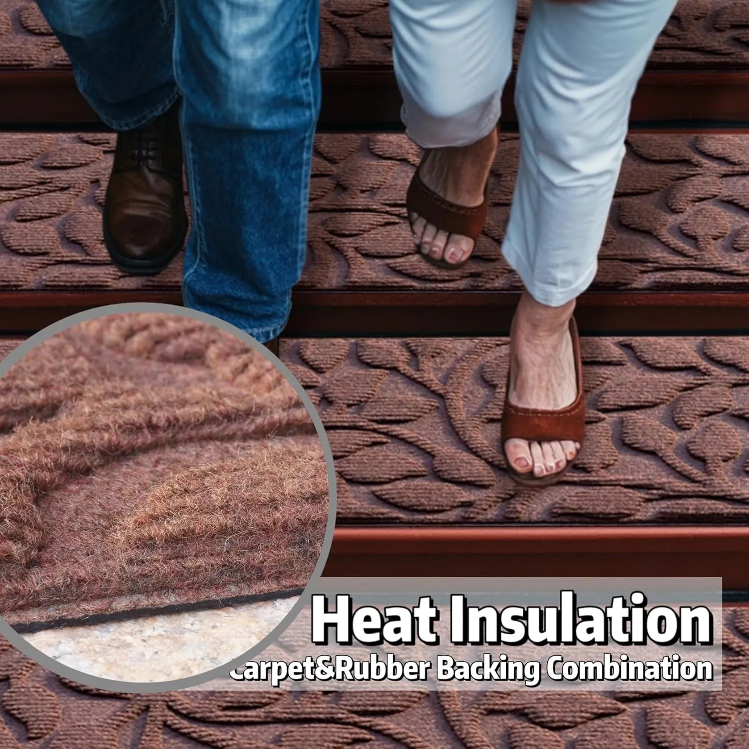 Aucuda 2pcs 8.5" x 30" Stair Treads Outdoor for Elders and Dogs on Wooden Steps, Non Slip Stair Runner Rug Heat Insulation Rubber Backing, Brown Floral Staircase Mat Carpet for Indoor Grip Farmhouse.