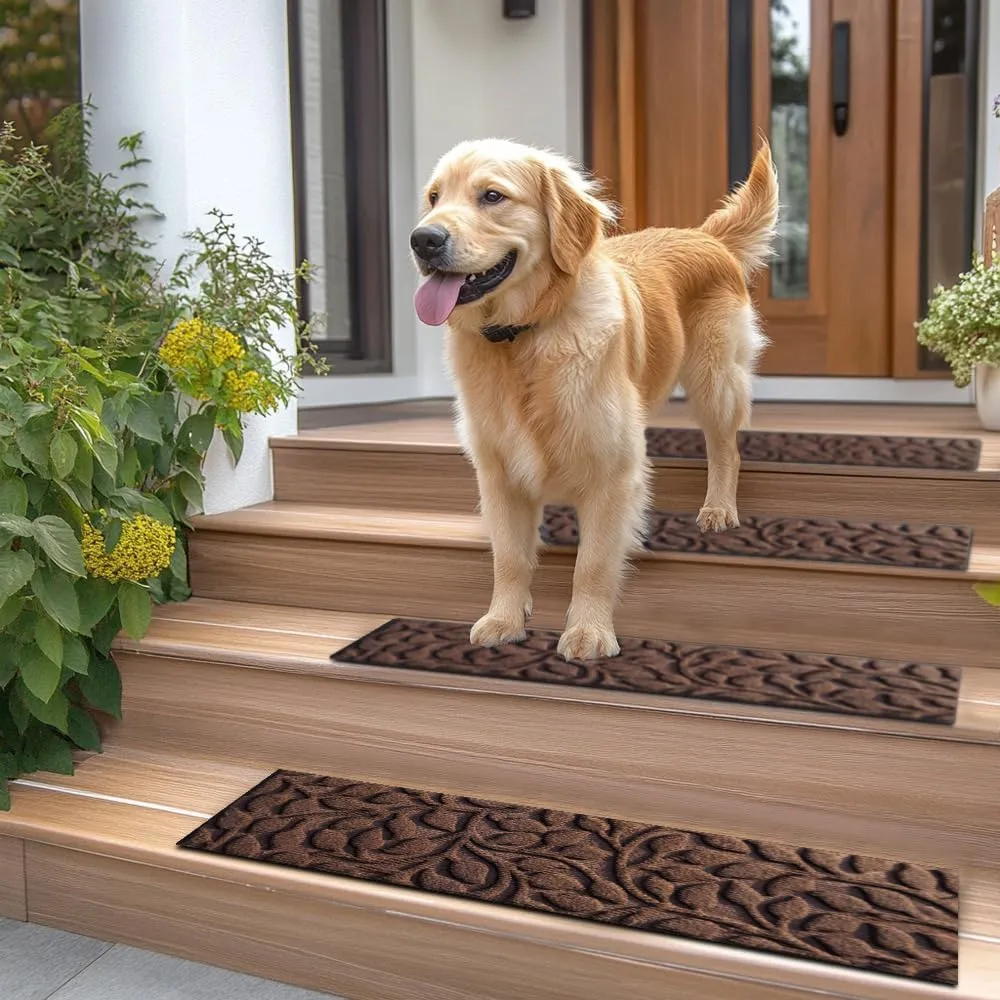 Aucuda 2pcs 8.5" x 30" Stair Treads Outdoor for Elders and Dogs on Wooden Steps, Non Slip Stair Runner Rug Heat Insulation Rubber Backing, Brown Floral Staircase Mat Carpet for Indoor Grip Farmhouse.