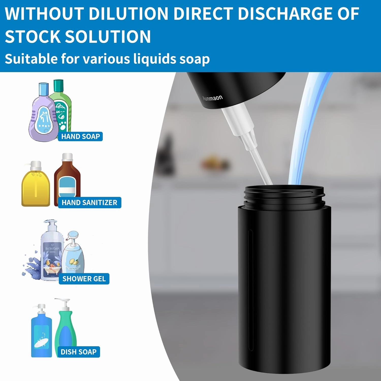 Automatic Soap Dispenser Touchless, Modern, Kitchen & Bathroom, Hands-Free, Adjustable Volume, Long Battery Life, Compatible with Thick & Thin Soap, Easy for Toddlers, Clog-Free, Black