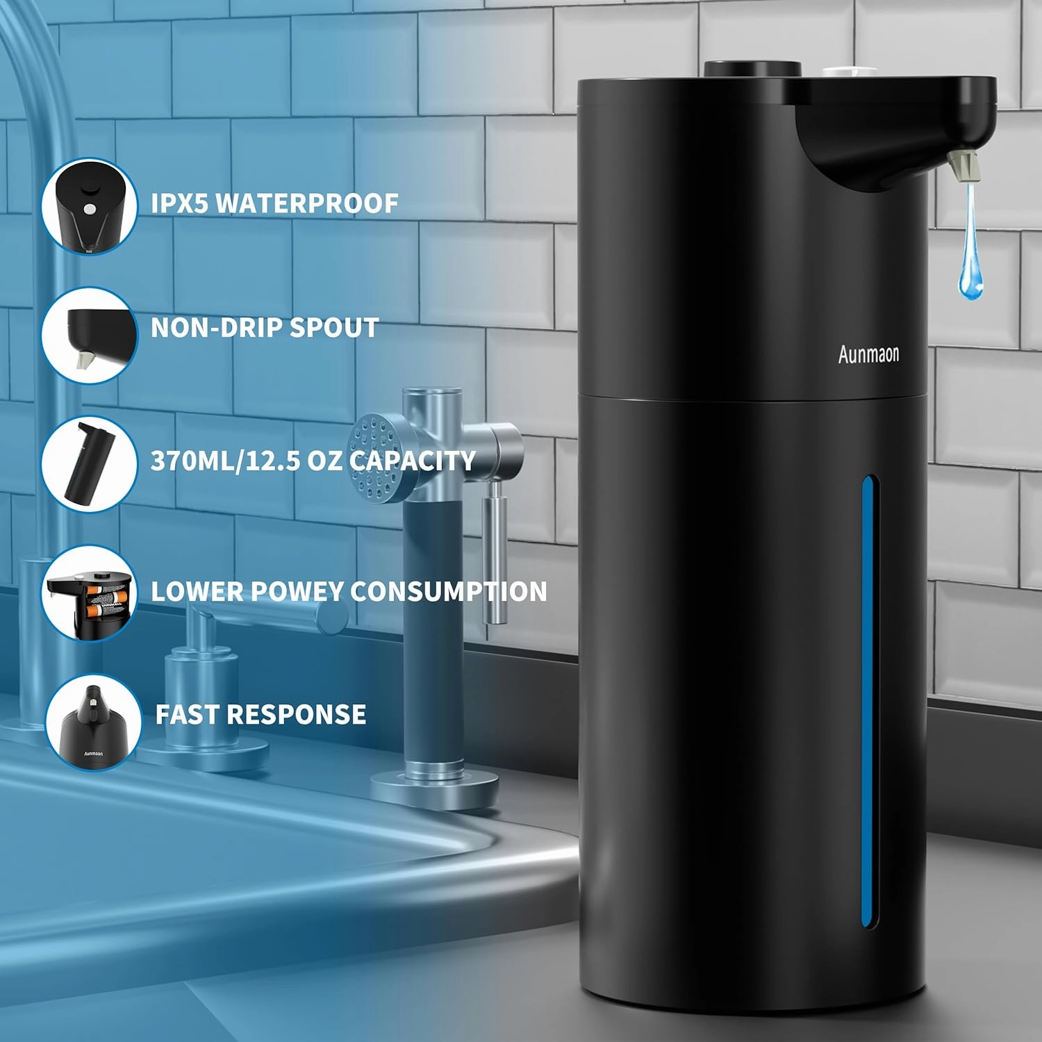 Automatic Soap Dispenser Touchless, Modern, Kitchen & Bathroom, Hands-Free, Adjustable Volume, Long Battery Life, Compatible with Thick & Thin Soap, Easy for Toddlers, Clog-Free, Black
