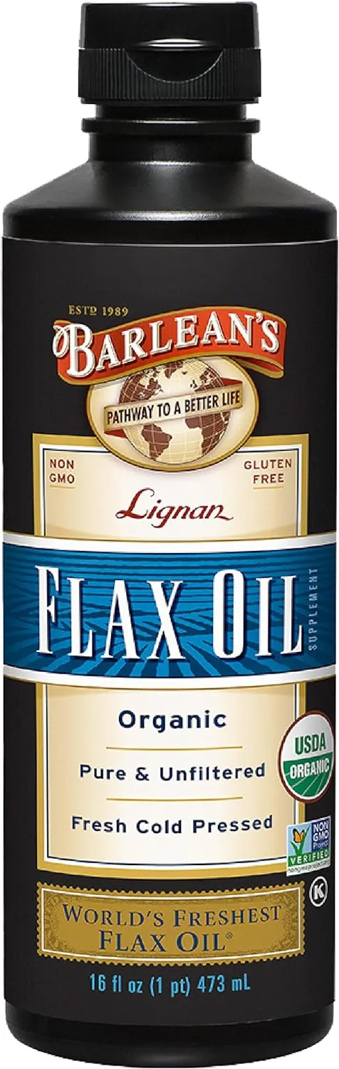 Barlean's Organic Lignan Flaxseed Oil Liquid Supplement from Cold Pressed Flax Seeds - 7,230 mg ALA Omega-3 Fatty Acids for Heart Health, Vegan and Gluten Free, 16 oz
