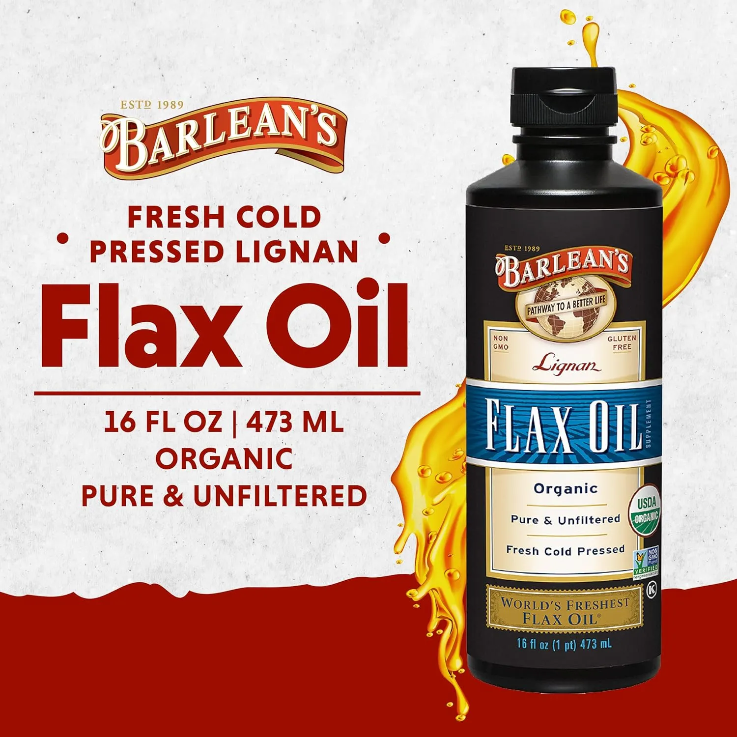 Barlean's Organic Lignan Flaxseed Oil Liquid Supplement from Cold Pressed Flax Seeds - 7,230 mg ALA Omega-3 Fatty Acids for Heart Health, Vegan and Gluten Free, 16 oz