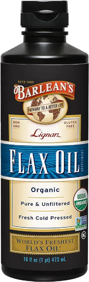 Barlean's Organic Lignan Flaxseed Oil Liquid Supplement from Cold Pressed Flax Seeds - 7,230 mg ALA Omega-3 Fatty Acids for Heart Health, Vegan and Gluten Free, 16 oz