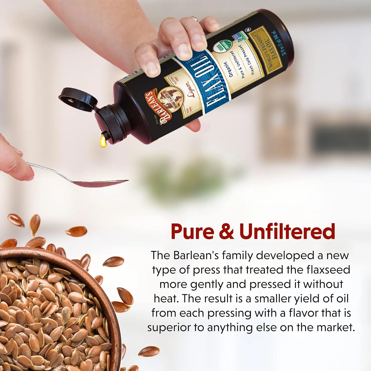 Barlean's Organic Lignan Flaxseed Oil Liquid Supplement from Cold Pressed Flax Seeds - 7,230 mg ALA Omega-3 Fatty Acids for Heart Health, Vegan and Gluten Free, 16 oz