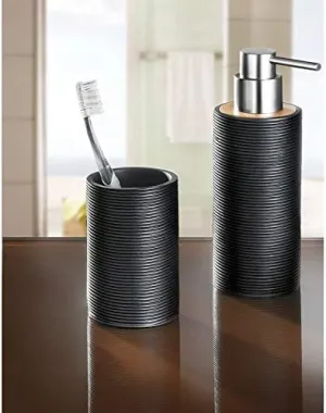 Bathroom Accessories Set - 2 Pieces - Kyoto Bathroom Tumbler and Soap Dispenser - Luxurious Contemporary Bamboo Countertop Accessories. - Ribbed Design for Non Slip use - Black