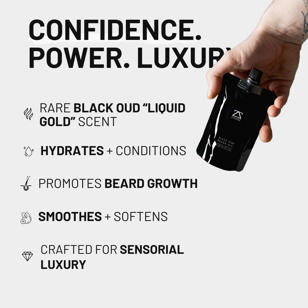 Beard Oil for Men, 100mL Refill Pouch - Black Oud (Growth Enhancer), Beard Care Essential, Moisturiser/Softener, Non-Greasy After Shaving Oil, Paraben-Free