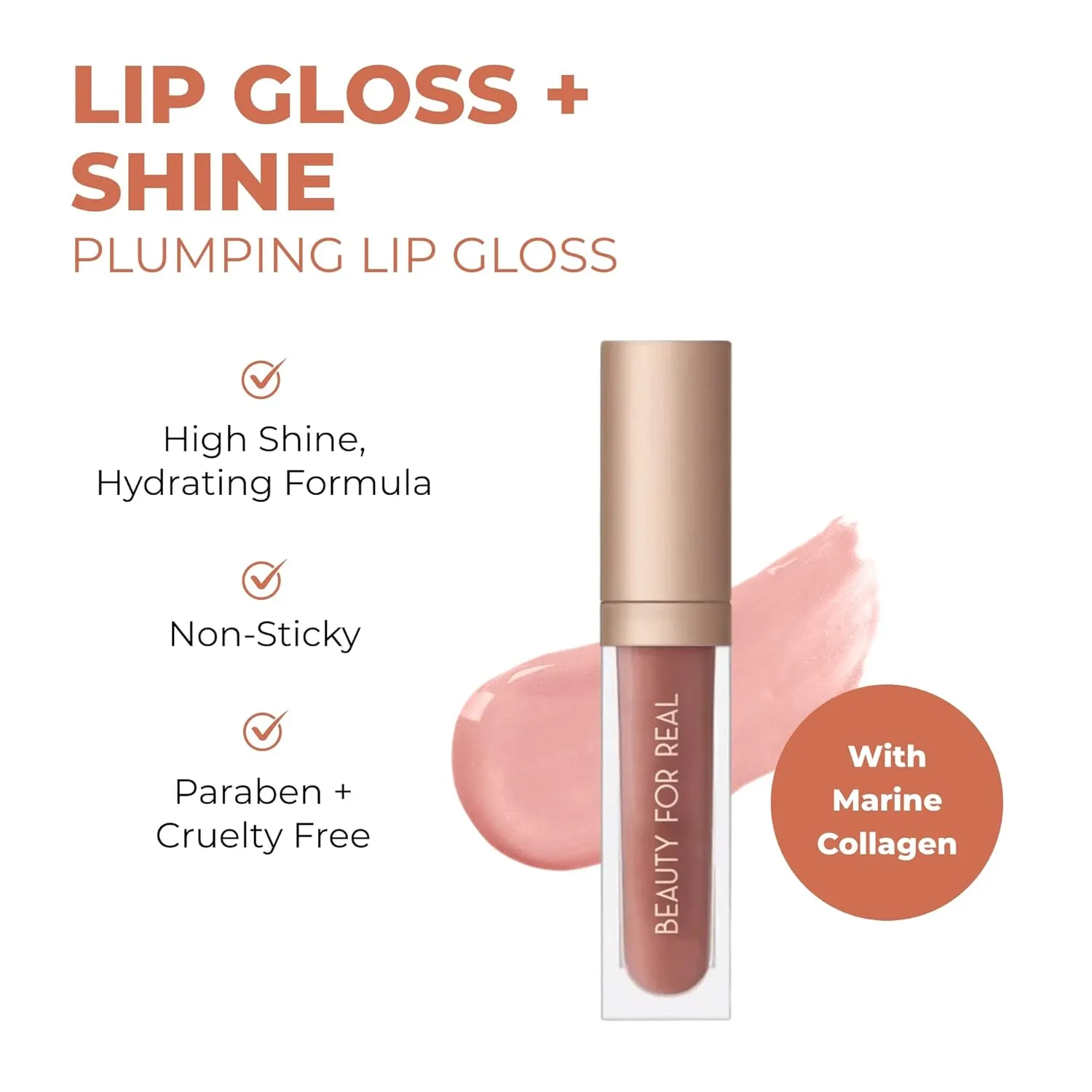 Beauty For Real Lip Gloss   Shine, Nudist - Beige Nude Pink - Non-Sticky Plumping & Hydrating Gloss - Light & Mirror In Cap - Contains Marine Collagen - 0.15 fl oz