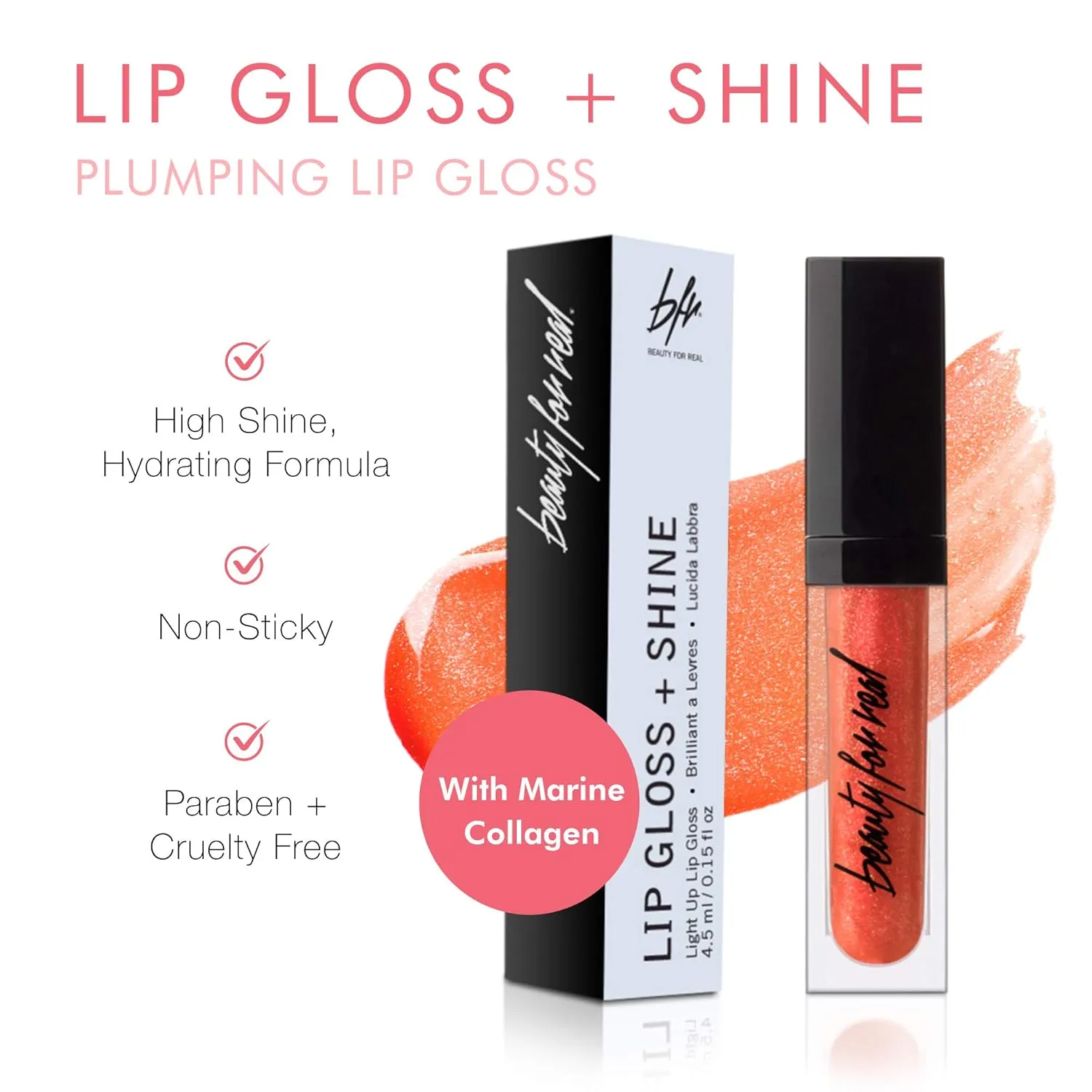 Beauty For Real Lip Gloss   Shine, Orange Rush - Bright Coral Orange - Non-Sticky Plumping & Hydrating Gloss - Light & Mirror In Cap - Contains Marine Collagen - 0.15 fl oz