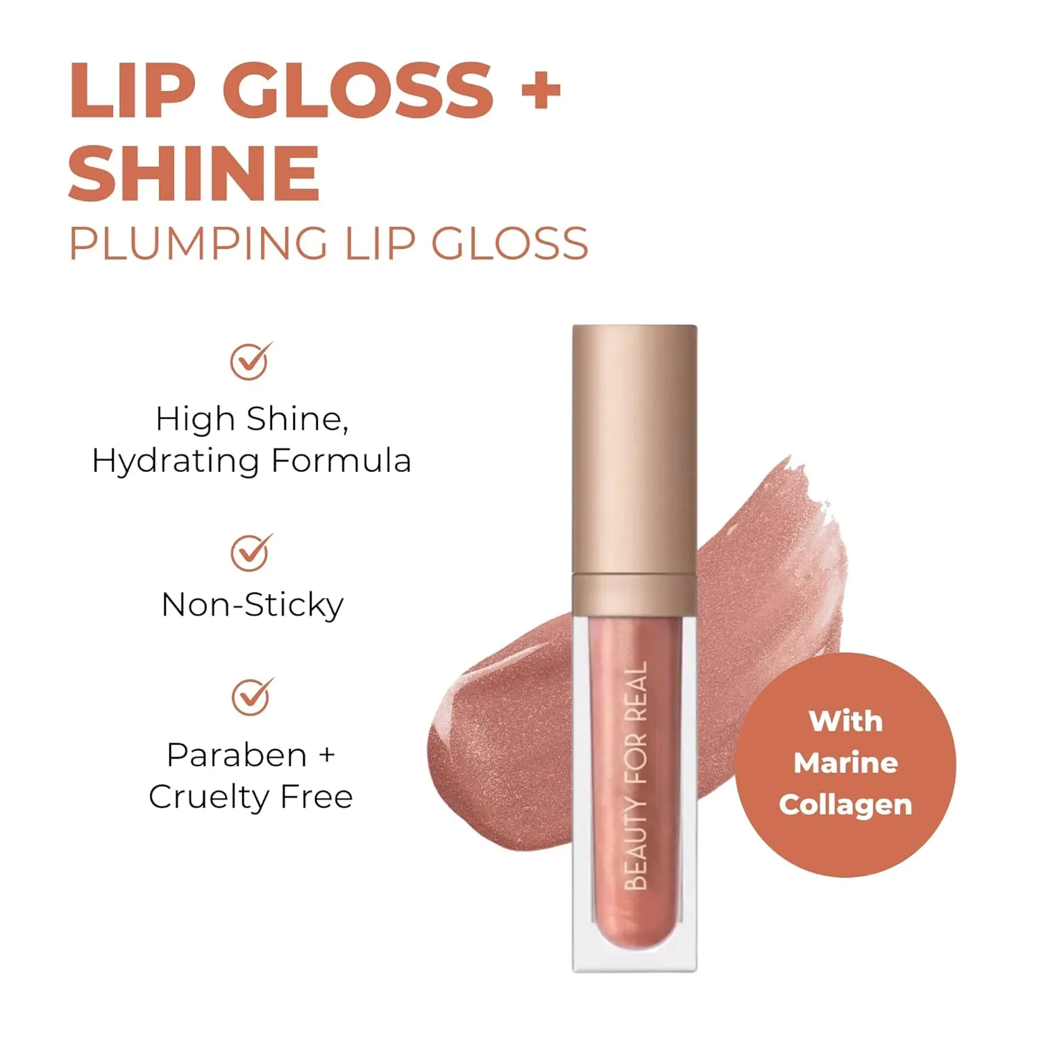 Beauty For Real Lip Gloss   Shine, Plumping High Shine Hydrating Gloss, Turned On, Sheer Lip Bite Nude, Light   Mirror, Cruelty Free, 0.15 fl oz