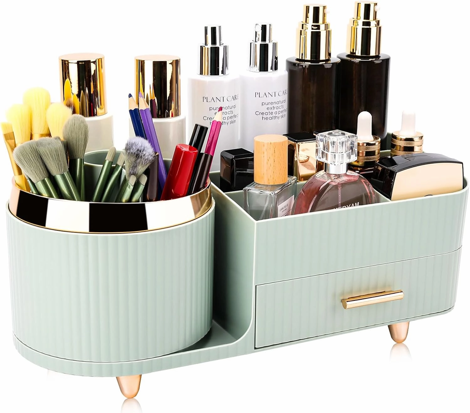Beborxue 360° Rotating Makeup Organizer for Vanity with Drawers, Large Capacity Cosmetic Display Case, skincare organizer, Cosmetic Organizer for Lipstick, Skincare, Brushes, Eyeshadow, (Green)