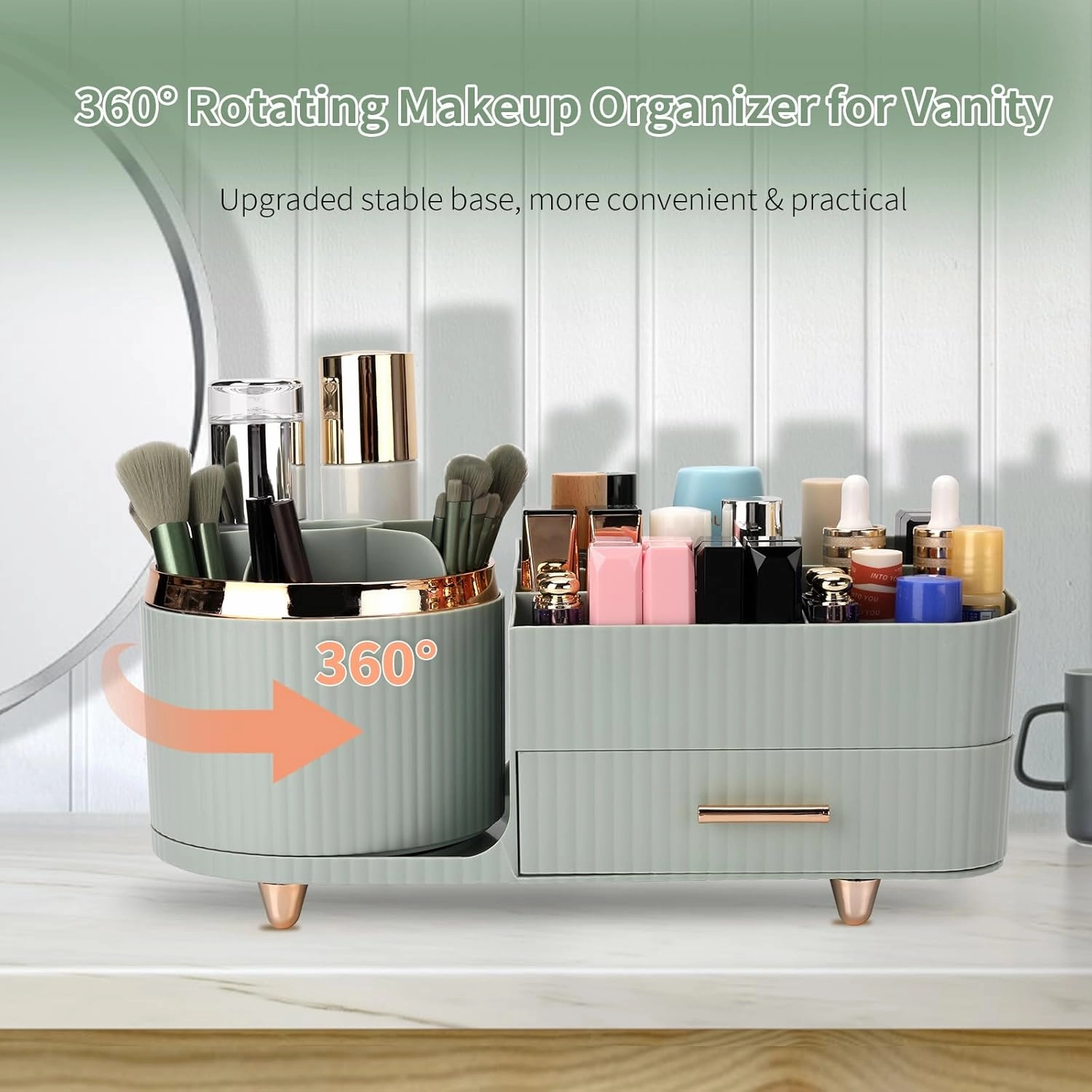Beborxue 360° Rotating Makeup Organizer for Vanity with Drawers, Large Capacity Cosmetic Display Case, skincare organizer, Cosmetic Organizer for Lipstick, Skincare, Brushes, Eyeshadow, (Green)