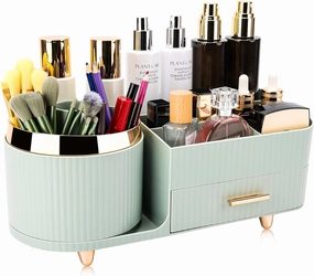 Beborxue 360° Rotating Makeup Organizer for Vanity with Drawers, Large Capacity Cosmetic Display Case, skincare organizer, Cosmetic Organizer for Lipstick, Skincare, Brushes, Eyeshadow, (Green)