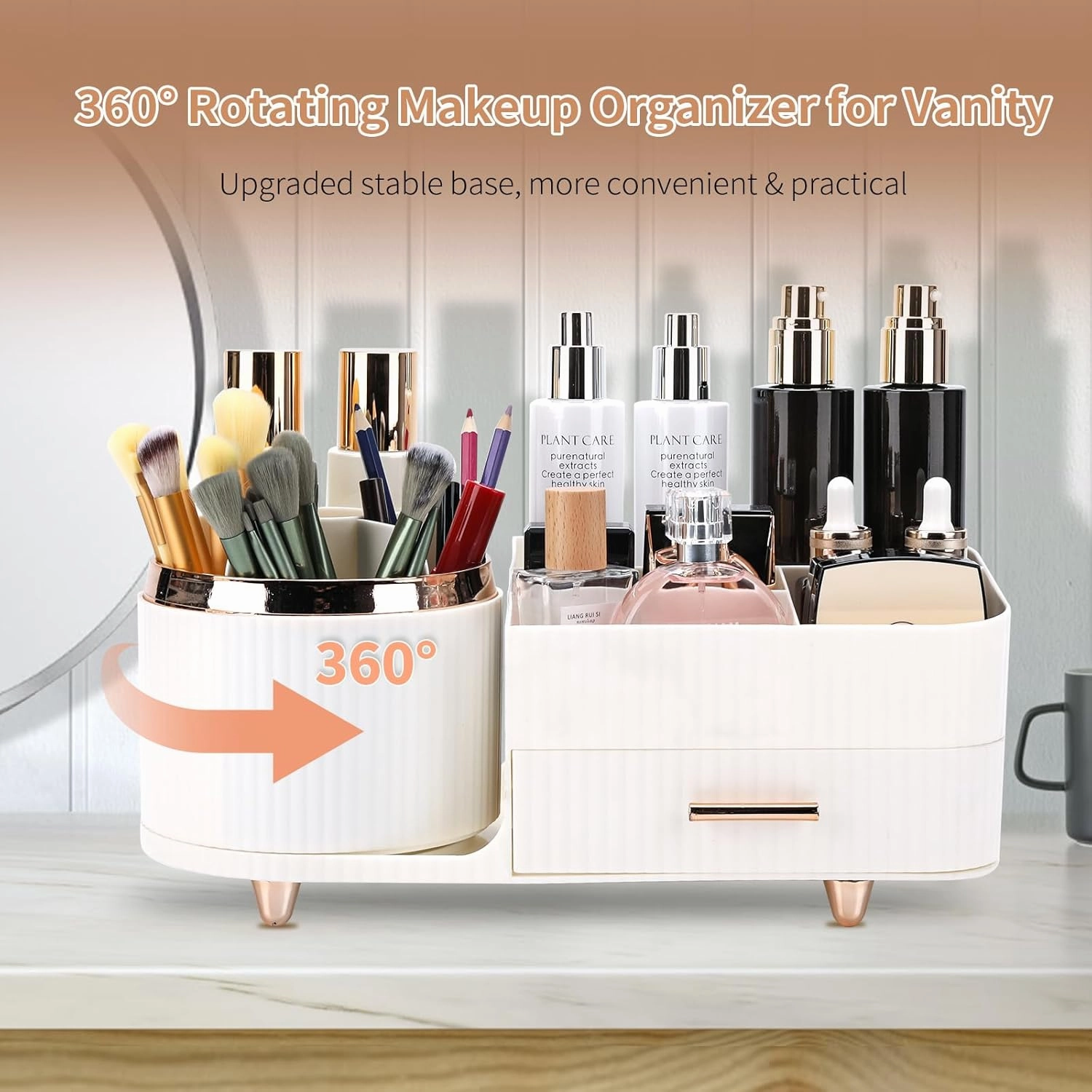 Beborxue 360° Rotating Makeup Organizer for Vanity with Drawers, Large Capacity Cosmetic Display Case, skincare organizer, Cosmetic Organizer for Lipstick, Skincare, Brushes, Eyeshadow, (White)