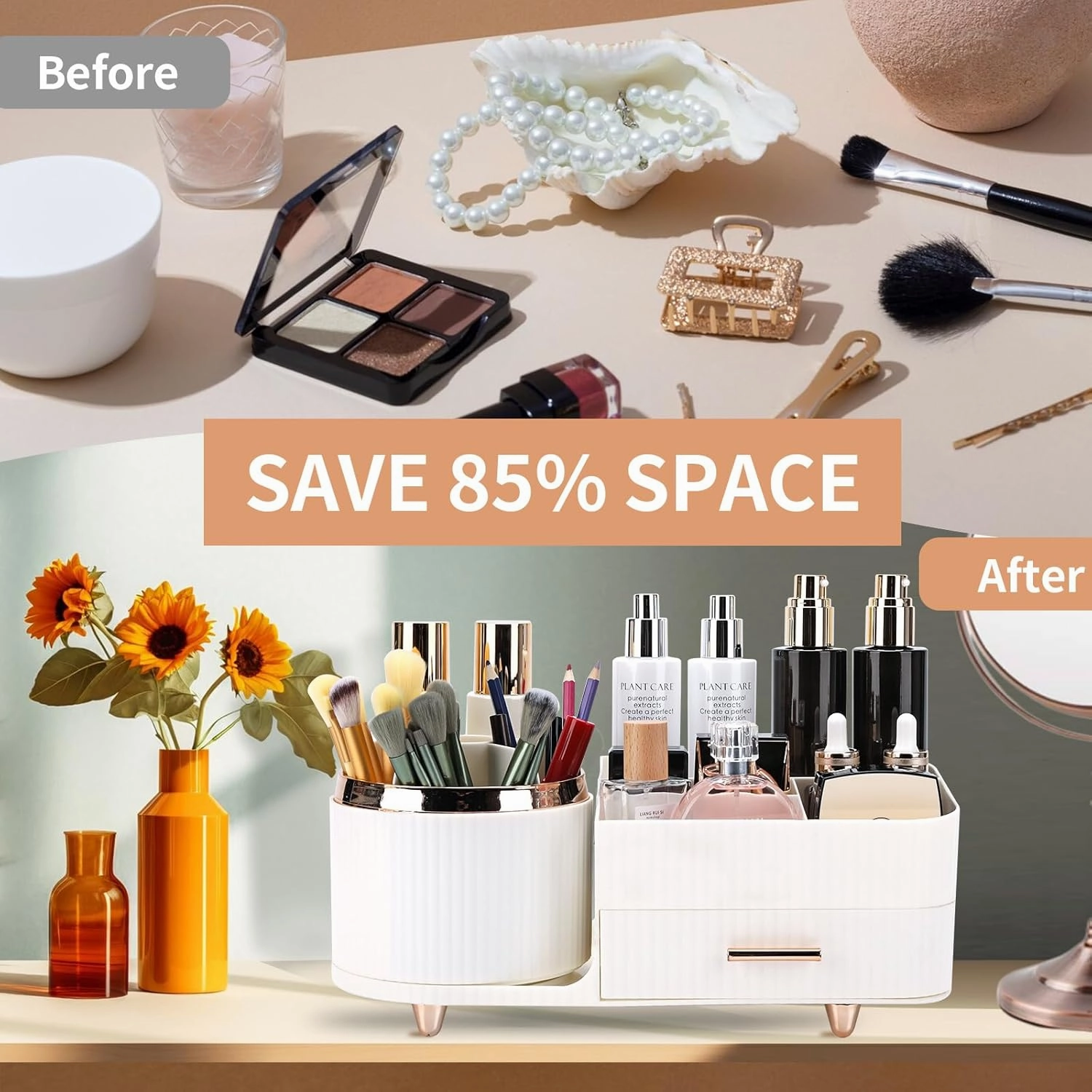 Beborxue 360° Rotating Makeup Organizer for Vanity with Drawers, Large Capacity Cosmetic Display Case, skincare organizer, Cosmetic Organizer for Lipstick, Skincare, Brushes, Eyeshadow, (White)