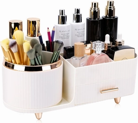 Beborxue 360° Rotating Makeup Organizer for Vanity with Drawers, Large Capacity Cosmetic Display Case, skincare organizer, Cosmetic Organizer for Lipstick, Skincare, Brushes, Eyeshadow, (White)