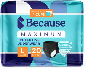 Because Premium Maximum Absorbency Adult Incontinence and Postpartum Bladder Leak Underwear for Women, Heavy Absorbency, Disposable, Black, Large, 20 Count