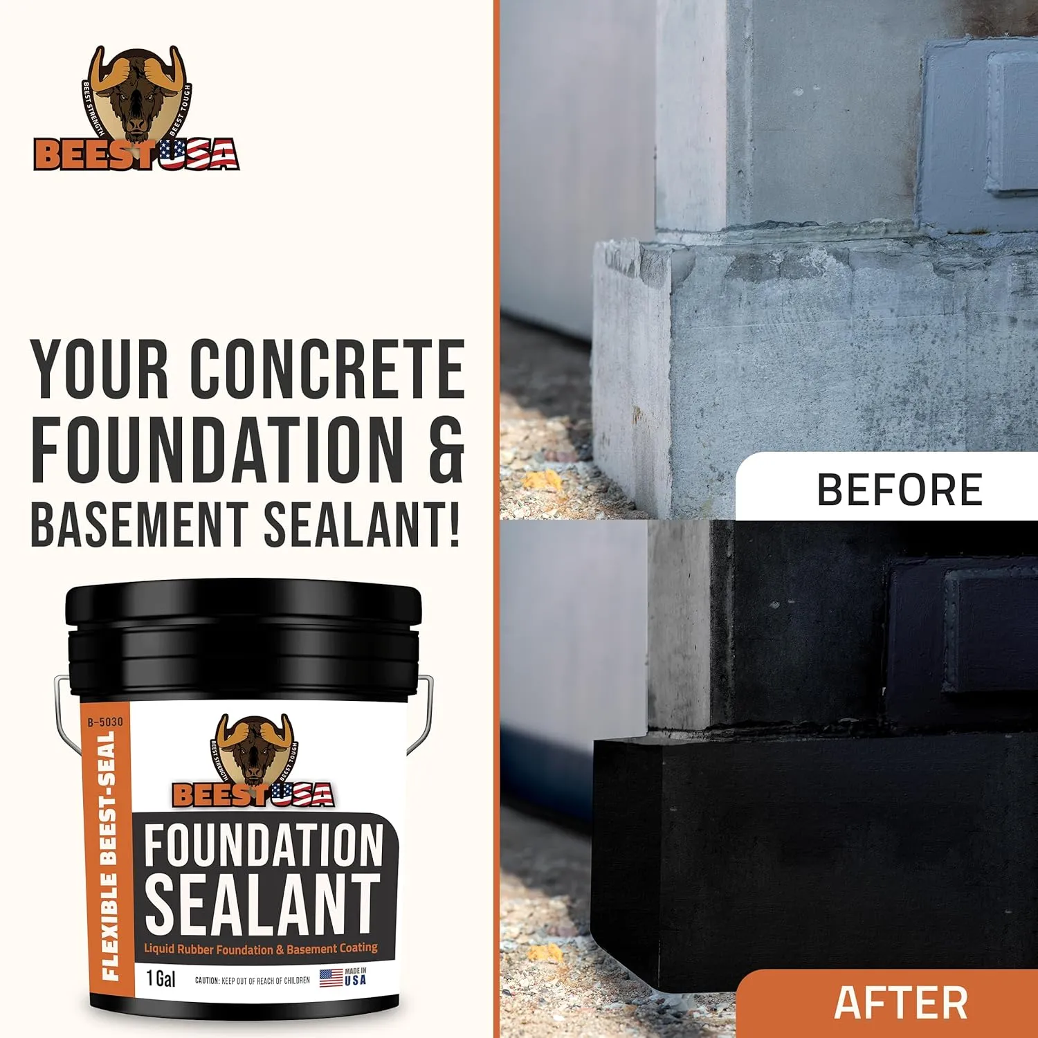 BEEST Foundation Sealant Black, 1 Gallon Covers up to 25-35 Sq ft| Multi-Surface Coating for Indoor/Outdoor Leak Repair| Liquid Rubber Waterproof Sealant - Easy to Apply Foundation Sealer, Low VOC