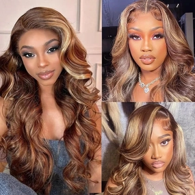 Belaved Ombre Lace Front Wigs Human Hair Highlight Body Wave Honey Brown Blonde 13X4 4/27 Wig Human Hair Pre Plucked HD Frontal 180 Density Glueless 22Inch