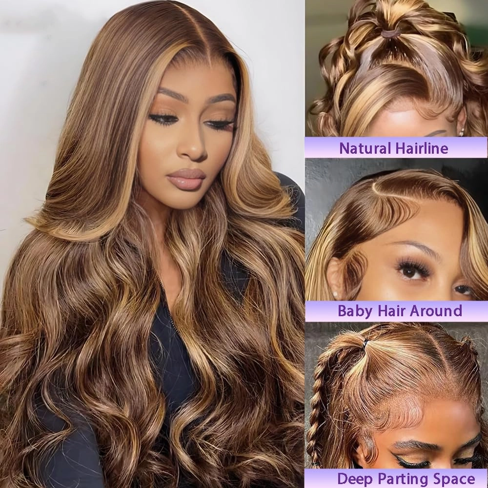 Belaved Ombre Lace Front Wigs Human Hair Highlight Body Wave Honey Brown Blonde 13X4 4/27 Wig Human Hair Pre Plucked HD Frontal 180 Density Glueless 22Inch