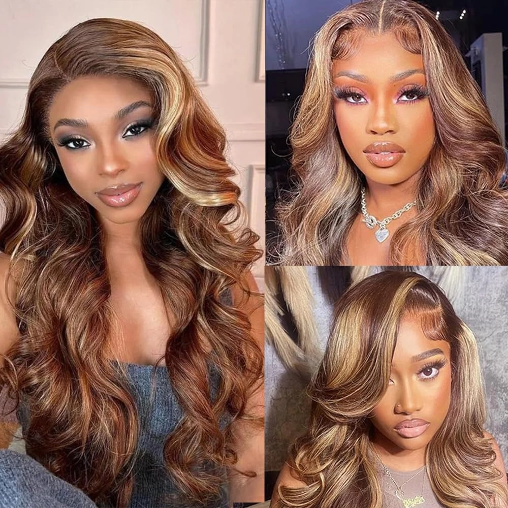 Belaved Ombre Lace Front Wigs Human Hair Highlight Body Wave Honey Brown Blonde 13X4 4/27 Wig Human Hair Pre Plucked HD Frontal 180 Density Glueless 22Inch